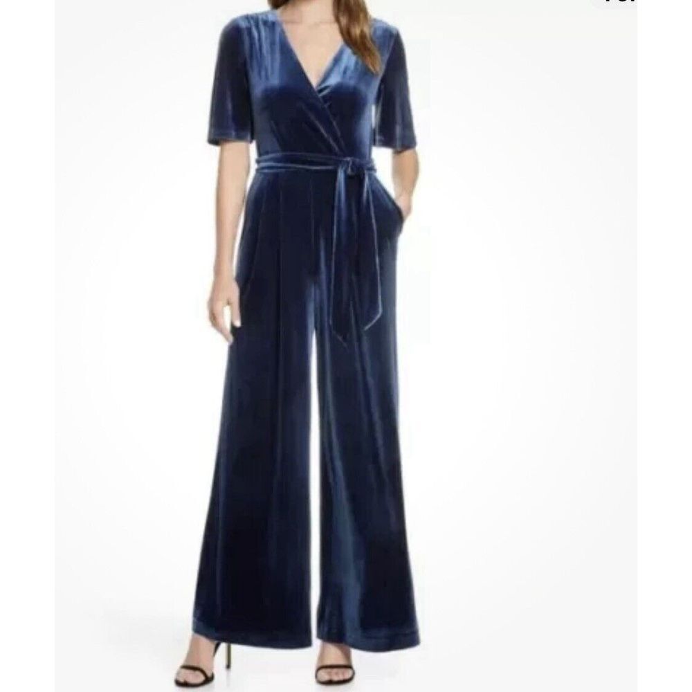Eliza J Women's Size 2 Blue Velvet Wide Leg Faux Wrap Short Sleeve Jumpsuit NWOT
